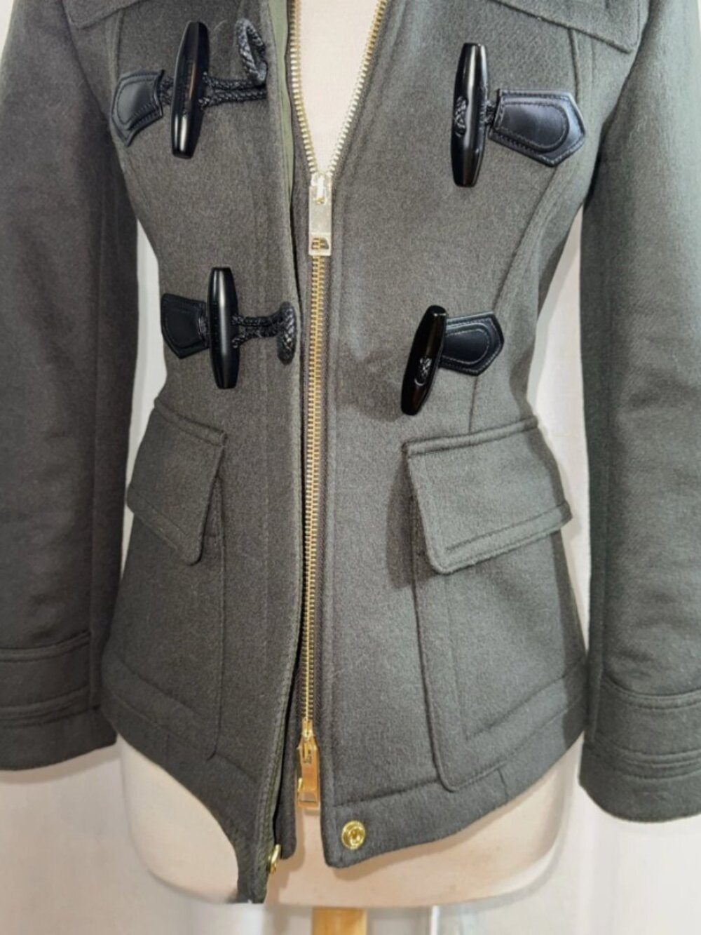Burberry Olive Hooded Wool Toggle Pea Coat with Check Hood Lining - Picture 7 of 16